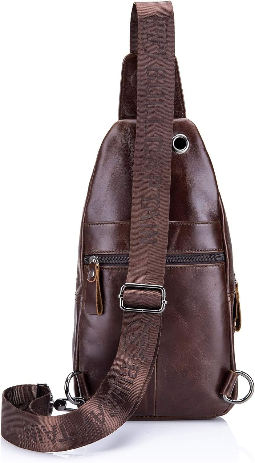 BULLCAPTAIN Genuine Leather Sling Bag Coffee Crossbody Backpack Daypack for Men