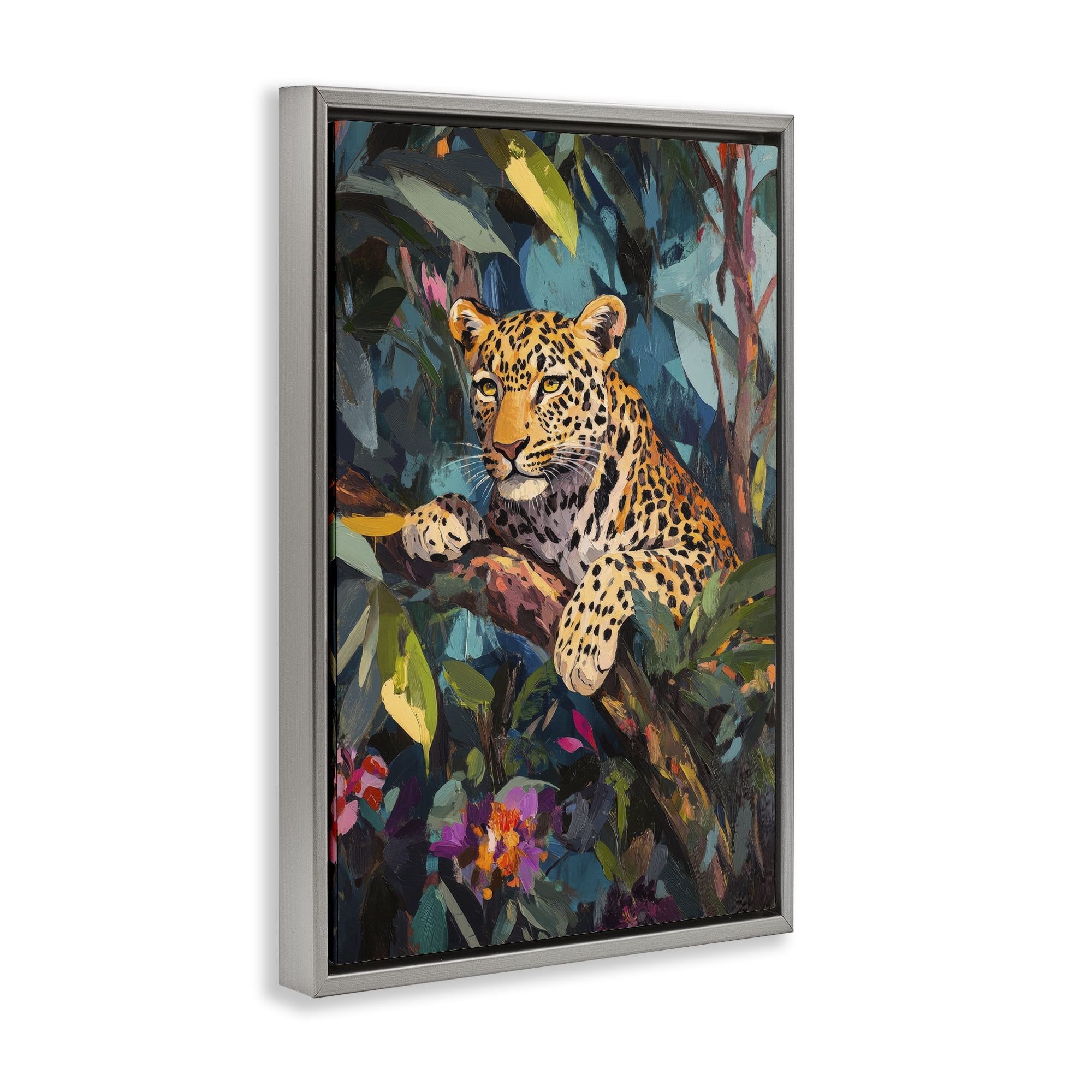 Stupell Industries One The Wild Side Leopard Gray Framed Floater Canvas Wall Art, design by Petal Prints Design