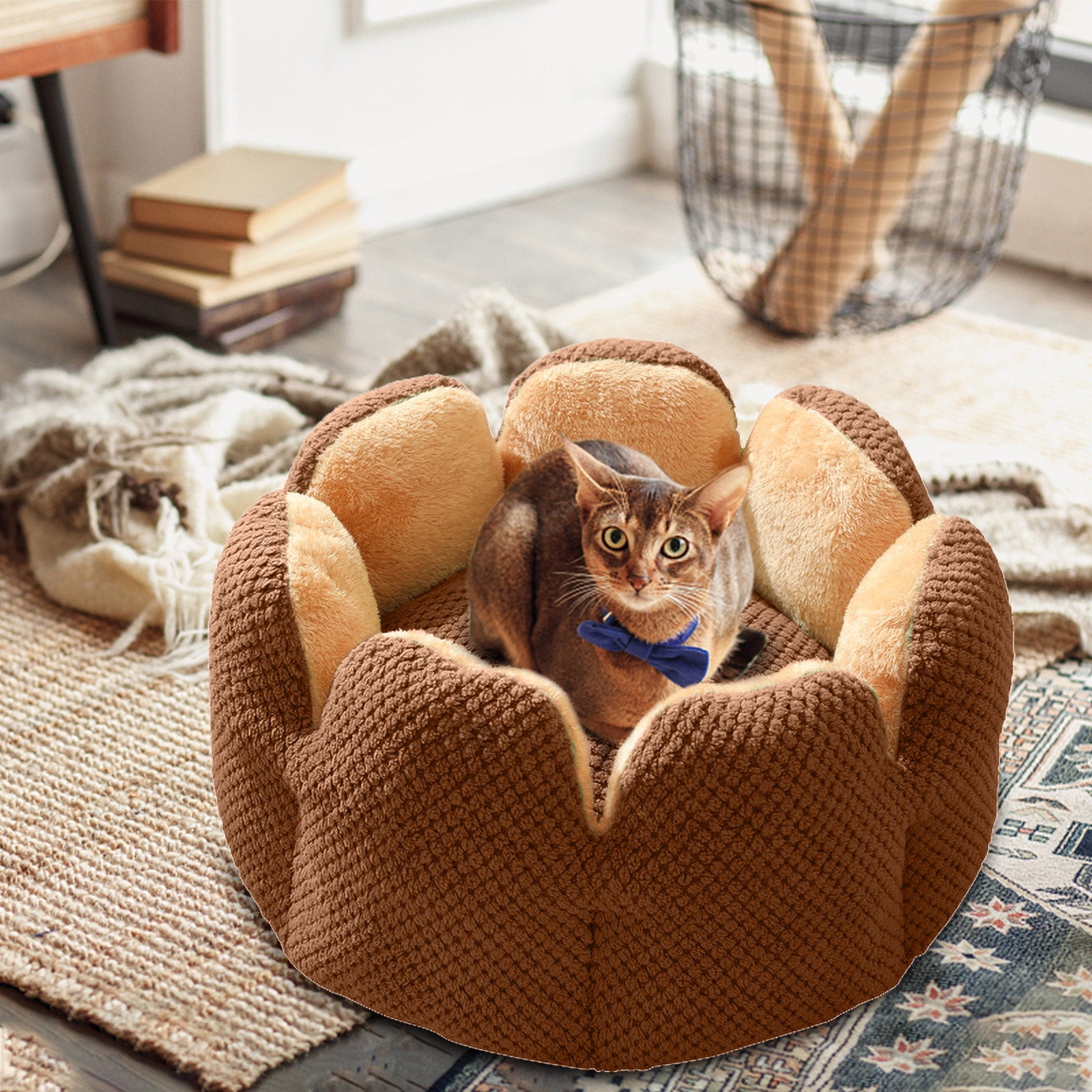 PureCasa Soft Plush Cute Dog Cat Bed, Washable Non-Slip Thick Fluffy Pet Bed for Fall Winter, Calming Cushion Sleeping Pad for Small Cats Dogs, Floral Home Decor, Round, 1 Pack, 16"x16", Coffee
