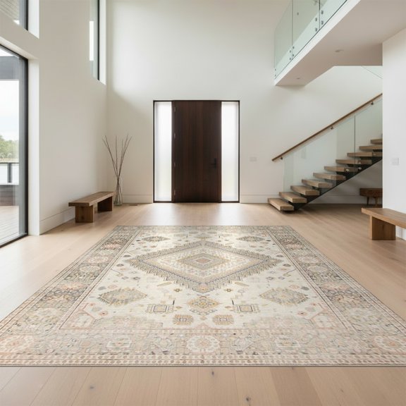 Design&I 8'x10' Washable Area Rug Beige Boho Solid Faded Tonal Minimalist Heathered Subtle Speckled for Dining Room, Large Office, Lounge, Snag-Free