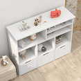 thumbnail image 3 of Toy Storage Cabinet with with 3 Movable Drawers & Hidden Wheels, Wood Toy Chest Kids Open Bookshelf with 6 Storage Cubbies, 3 of 9