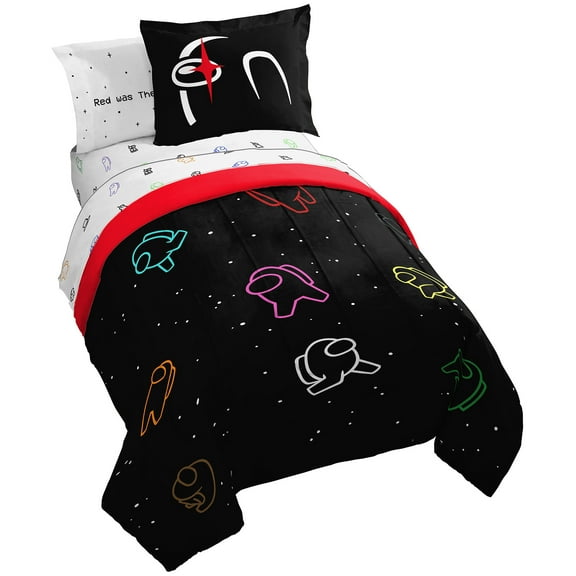 Among Us Sounds Sus Kids Twin 5 Piece Bed Set, 100% Microfiber, Multi-Color, Gaming Bedding