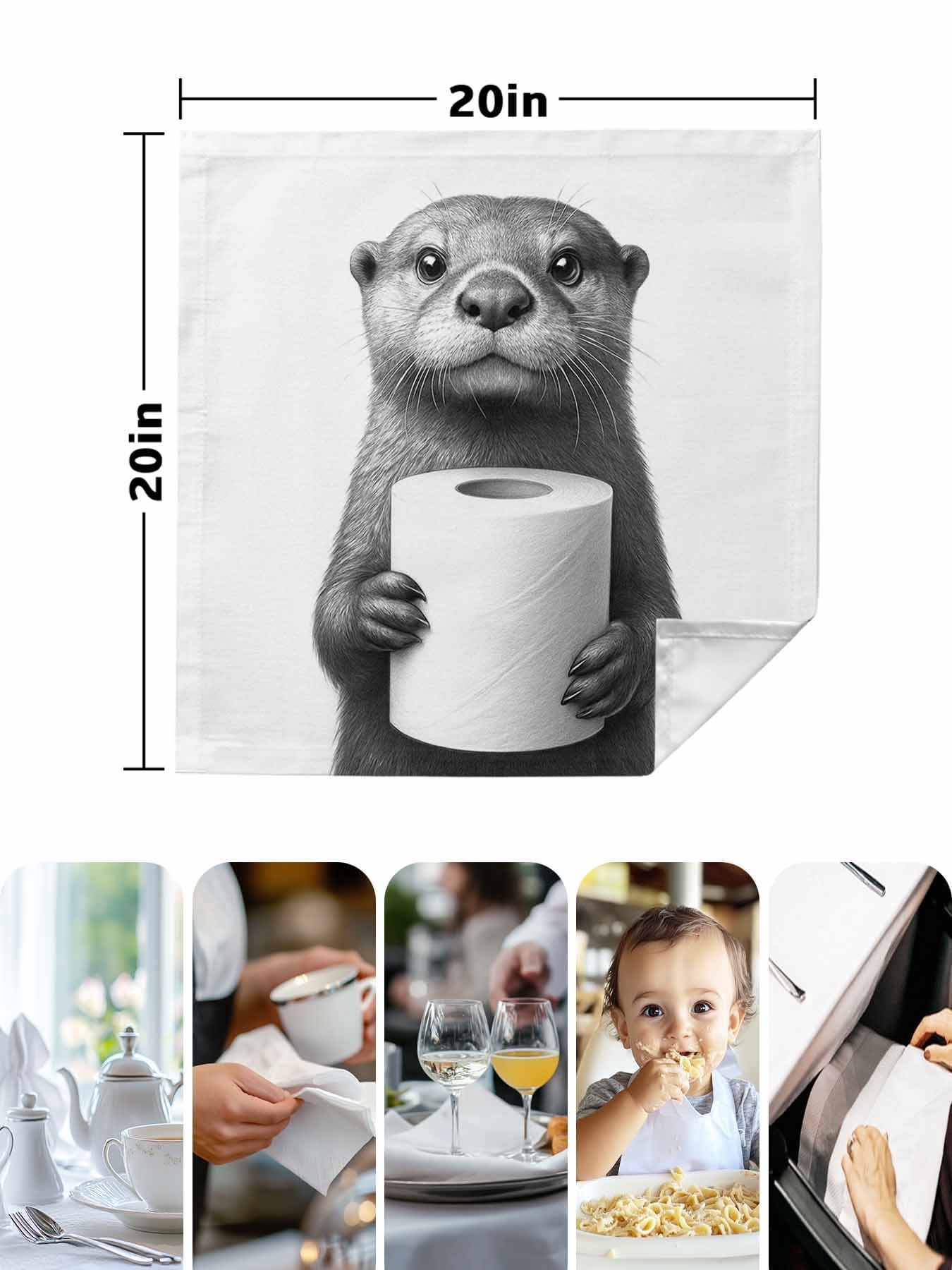 Cute Otter Cloth Napkins Set of 4 Reusable Dinner Napkins, Funny Animal with Toilet Paper Cocktail Napkin Washable Table Napkins for Wedding/Holiday Party/Baby Shower 20"x20"