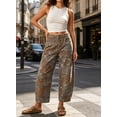 thumbnail image 3 of sicmoss Women's Brown Cotton Printed Mid Rise Baggy Barrel Jeans Wide Leg Y2K Patchwork with Pockets, 3 of 7