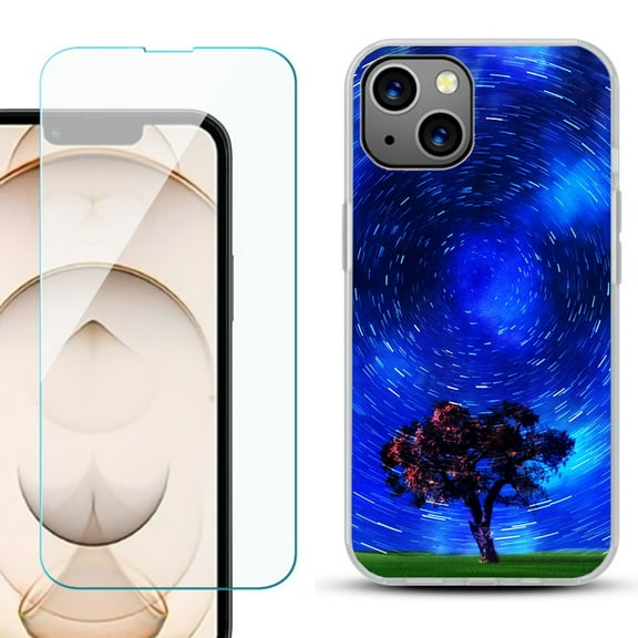 Slim-Fit Flexible TPU Gel Phone Case for iPhone 13, with Tempered Glass Screen Protector, by OneToughShield ® - Star Trails Tree