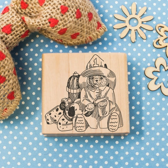 Bear Fireman with Dog Art Rubber Stamp, Laser Engraved Craft Stamp on Wood Mounted Block, Size 1-3/4” x 1-3/4”, Made in USA