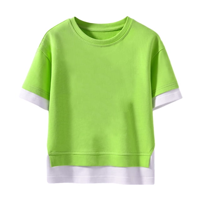 cfhntfmh Hauts d'Été pour Enfants Garçons Filles Coton Bloc de Couleur Col Rond Basique T-Shirts Blouses à Manches Courtes