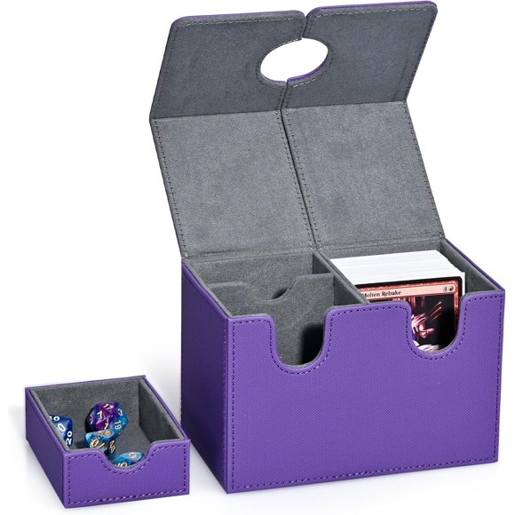 ERDS-Card Deck Box with Dice Tray for MTG Cards, 200+ Card Storage Box Fits for TCG CCG, PU Leather Strong Magnet Collectible Card Case(Purple)