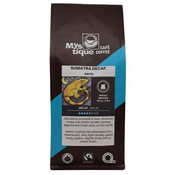 Mystique Coffee, Sumatra Gayo Decaf, water methode Decaffeinated, Dark roast, Filter Ground, 100% arabica, Specialty Grade coffee, Fairtrade & Organic, 227 g