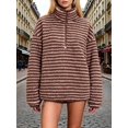 thumbnail image 3 of Katigan Womens Half Zip Fleece Striped Jacket Oversized Stand-Up Collar Sweatshirt Warm-Fuzzy Outerwear Brown S, 3 of 5