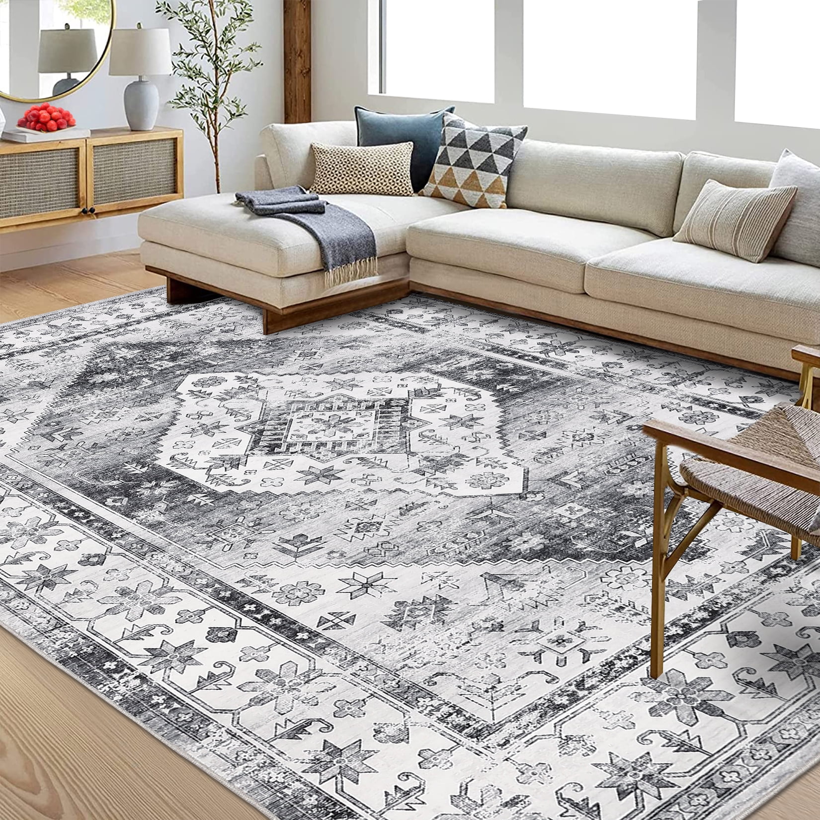 ZACOO 8'x10' Washable Rug Non Slip Vintage Oriental Rug Foldable Rug Retro Medallion Carpet for Living Room Bedroom,Grey