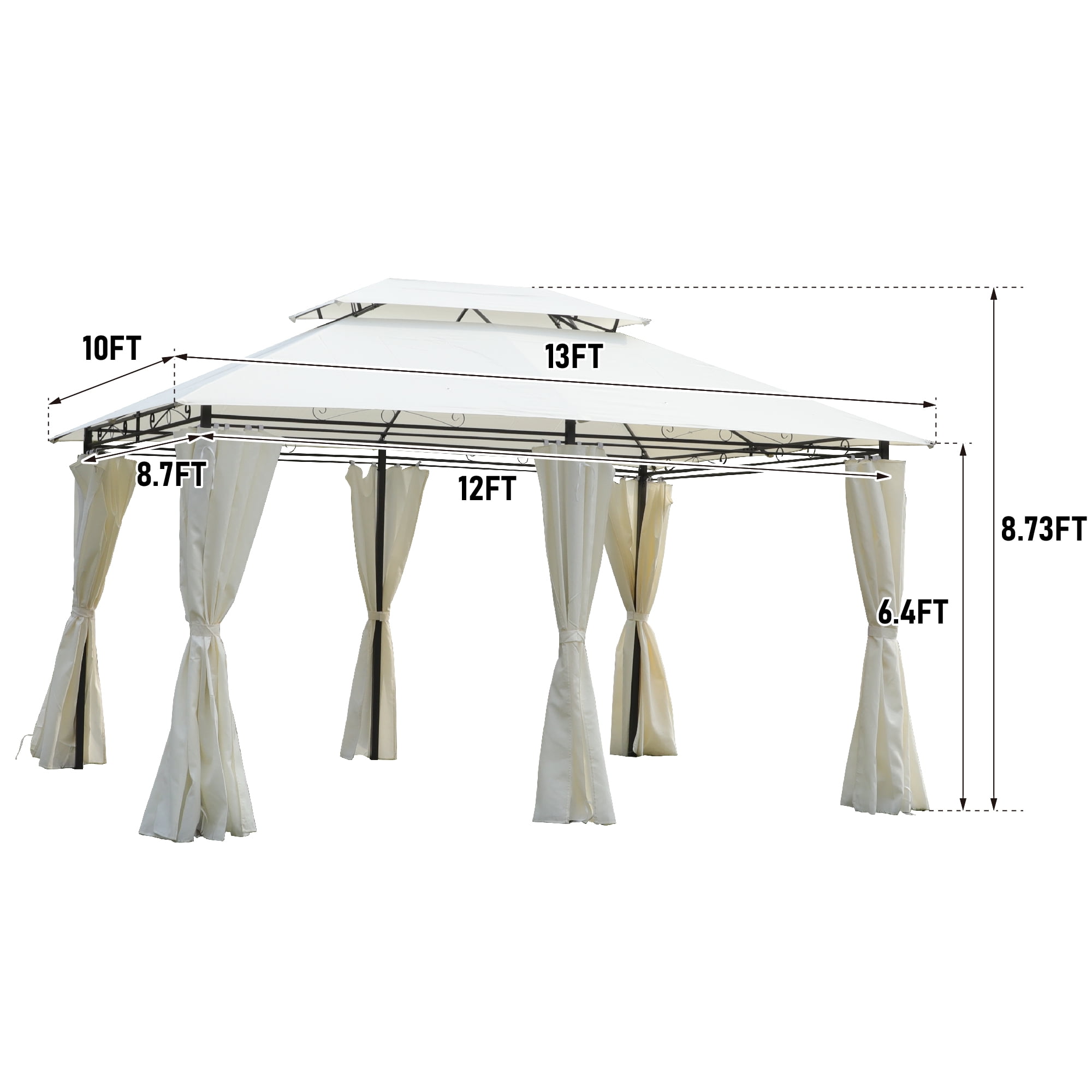 Outdoor Patio Gazebo 13x10 with Double Roof & Sidewalls, Steel Frame Canopy Tent with Detachable Curtains, Backyard Shelter for Lawn, Garden, Deck, Beige