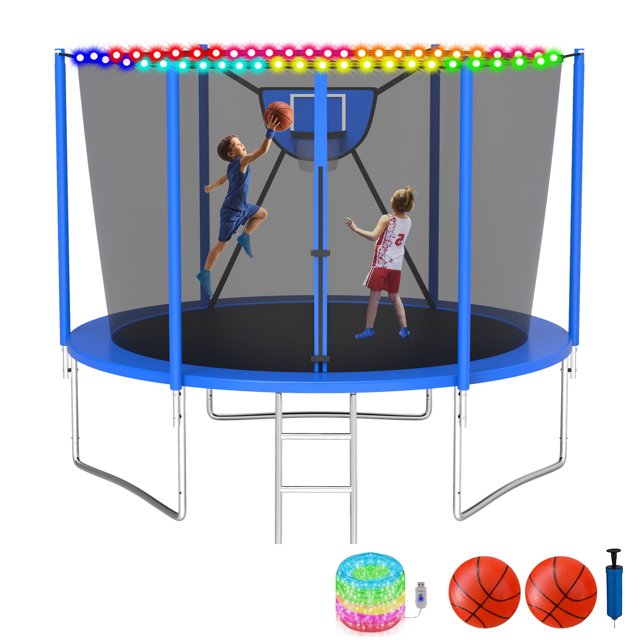 KOFUN Trampoline with Basketball Hoop & Light, 1500lbs 10FT 12FT 14FT 16FT Trampoline for Adults and Kids, No Gap Design Backyard Trampoline with Enclosure Net, Ladder, Green