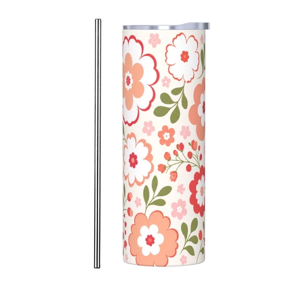 20oz Red Floral Pattern Insulated Tumbler with Handle and Straw Travel Cup Boho Flower Coffee Cup Gift with Stainless Steel Straw