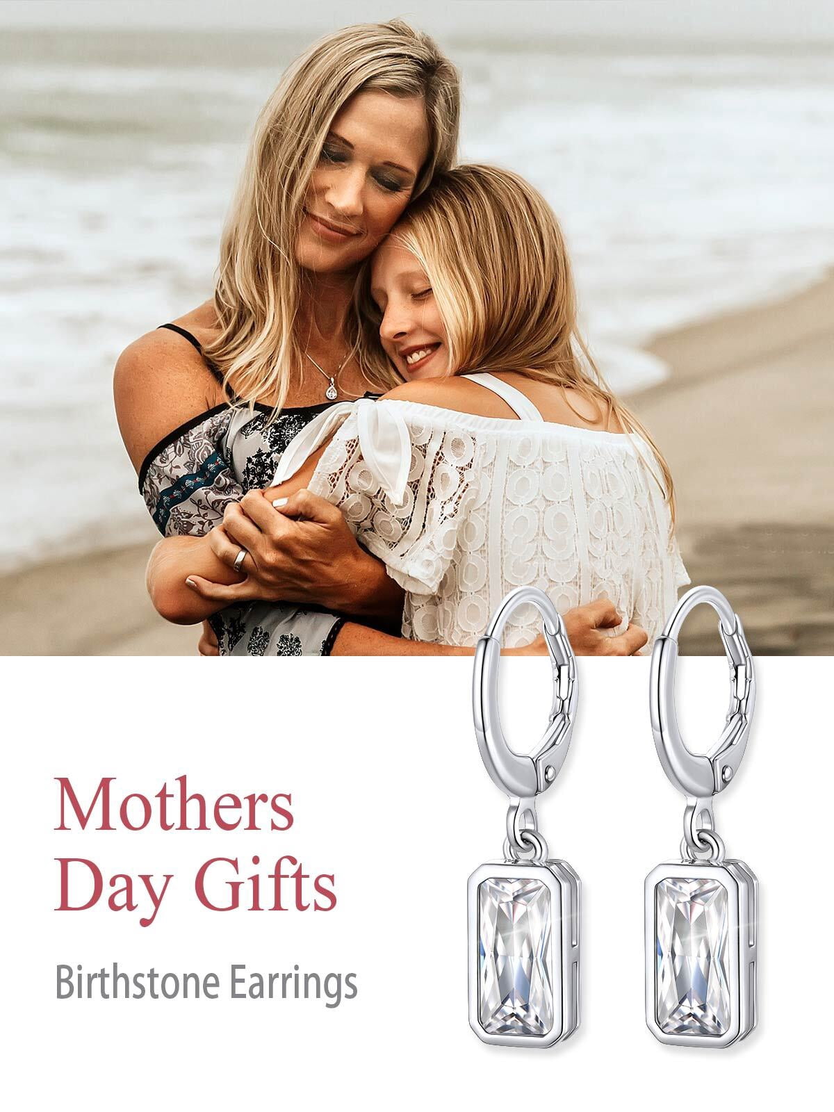 FOCALOOK Birthstone Dangle Hoop Earrings for Women Sterling Silver Square Cubic Zirconia April Created Diamond Leverback Huggie Drop Earrings Birthday Valentines Day Jewelry Gift