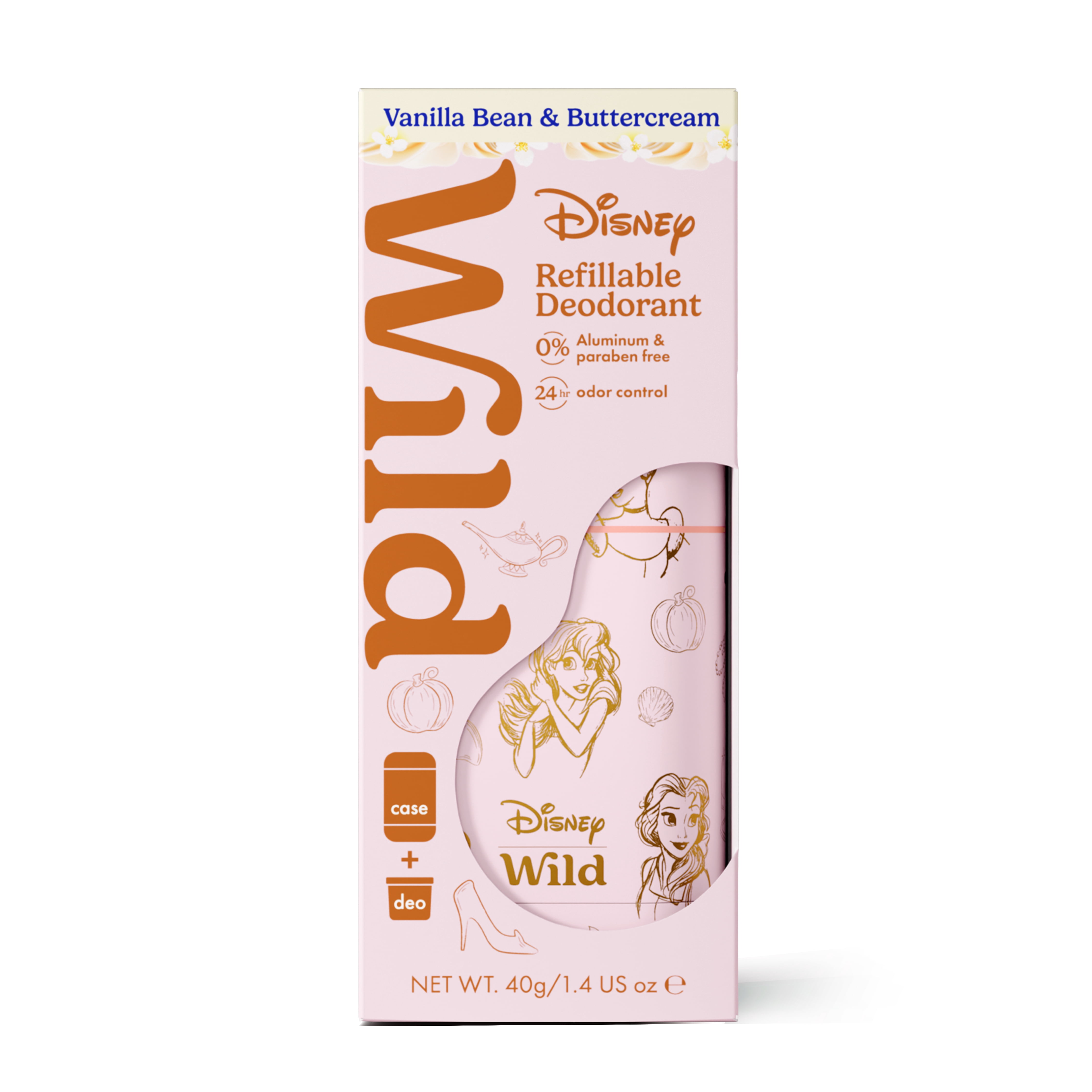 Wild Refillable Deodorant Starter Pack - Aluminum Free. Princess Case + Vanilla Bean & Buttercream, for Women and Men, 1.4oz
