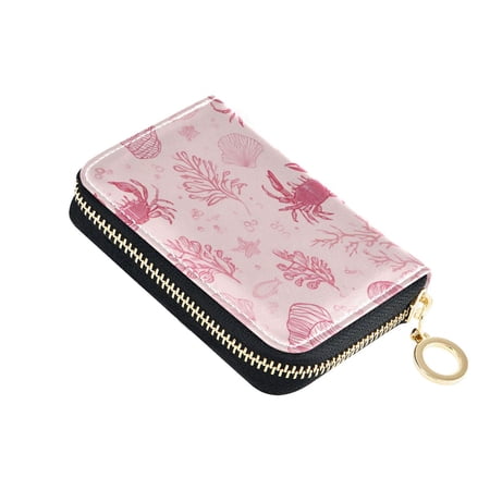 PU Leather Zipper Card Case Credit Card Holder Small Wallets Pink Line Art Sea Life Pattern