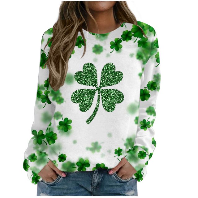 Plebaso Chandail en Molleton de la Saint-Patrick pour Femmes Imprimé Trèfle Col Rond Manches Longues Chandail P-5TG