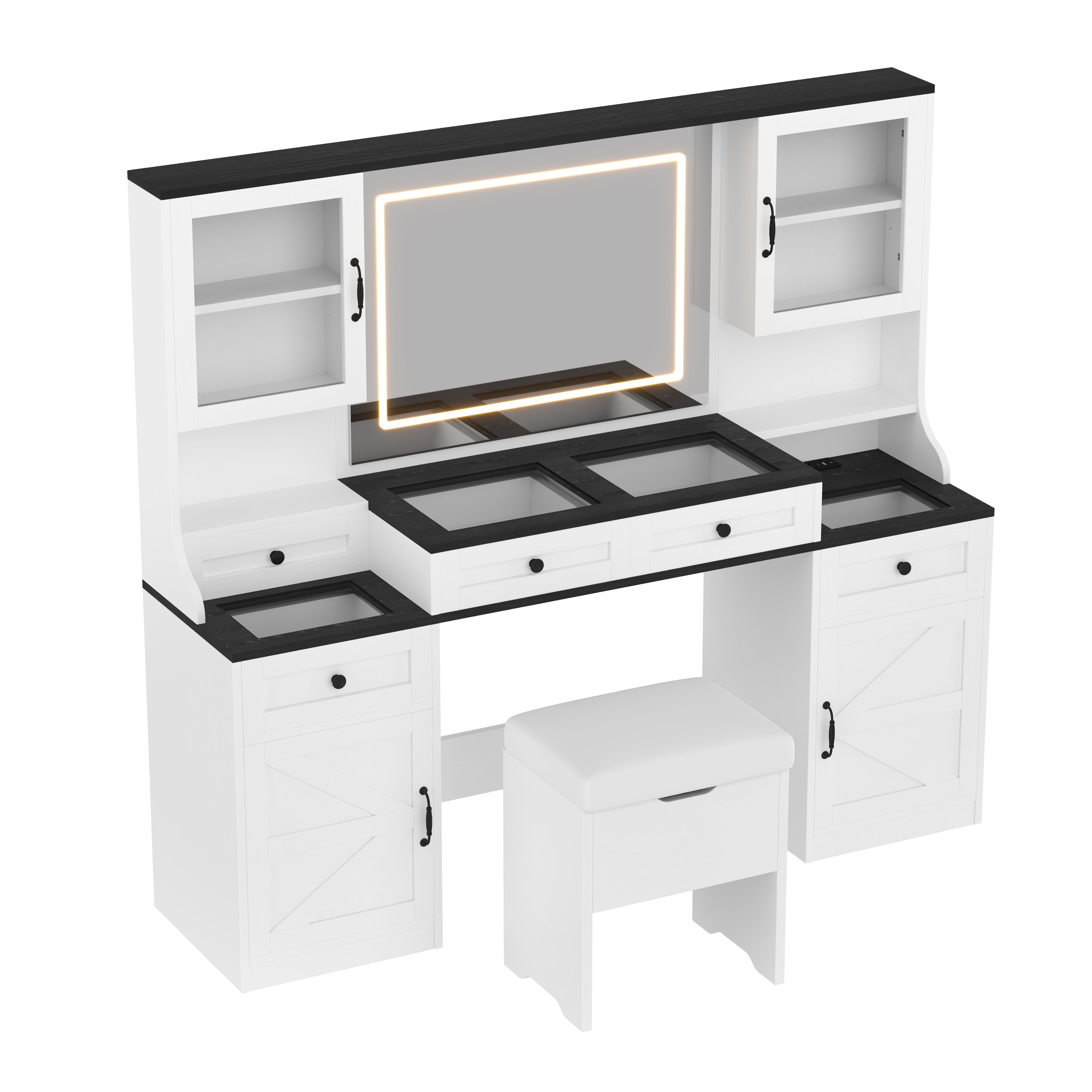 Yoneston 61.5" Farmhouse Vanity Desk Set with Mirror and LED Lights, Glass Top Vanity Table with Chair, Charging Station and 5 Drawers Cabinets, White