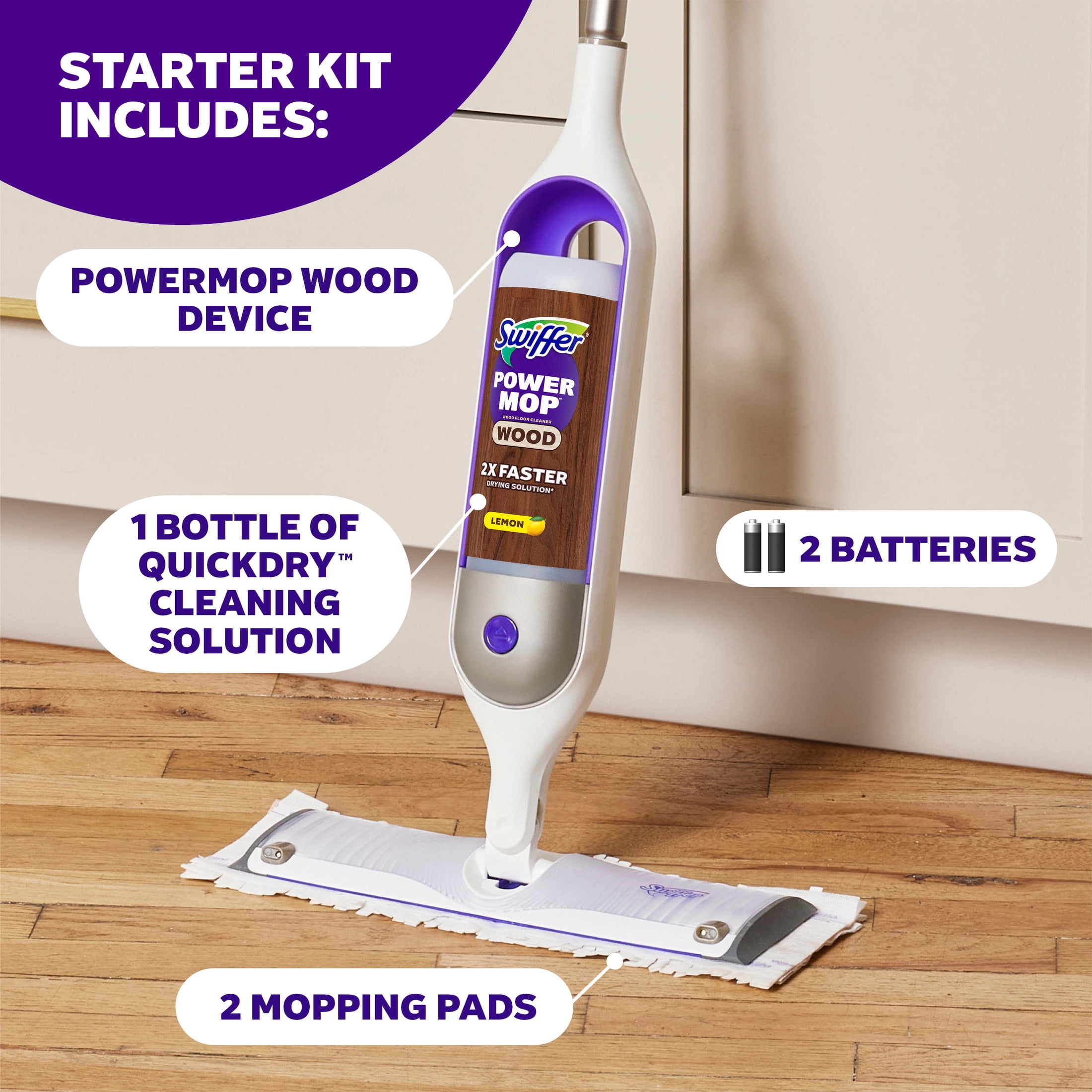 Swiffer Power Mop Wood Kit with Refill, Unscented, 1 handle + 1 solution & 2 Pads