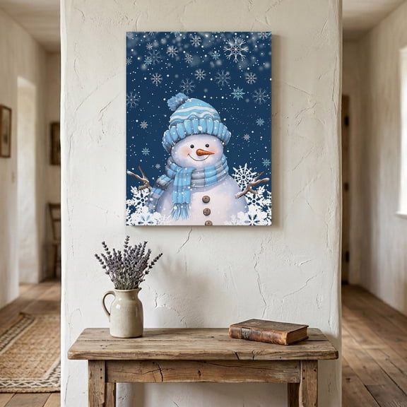 Ships Next Day Canvas Wall Art 8"x10",Blue Snowman Christmas Wood Framed Canvas Print Painting,Xmas Winter Snowflake Navy Blue Ready to Hang Small Picture Wall Decor for Home Bathroom Nursery Office