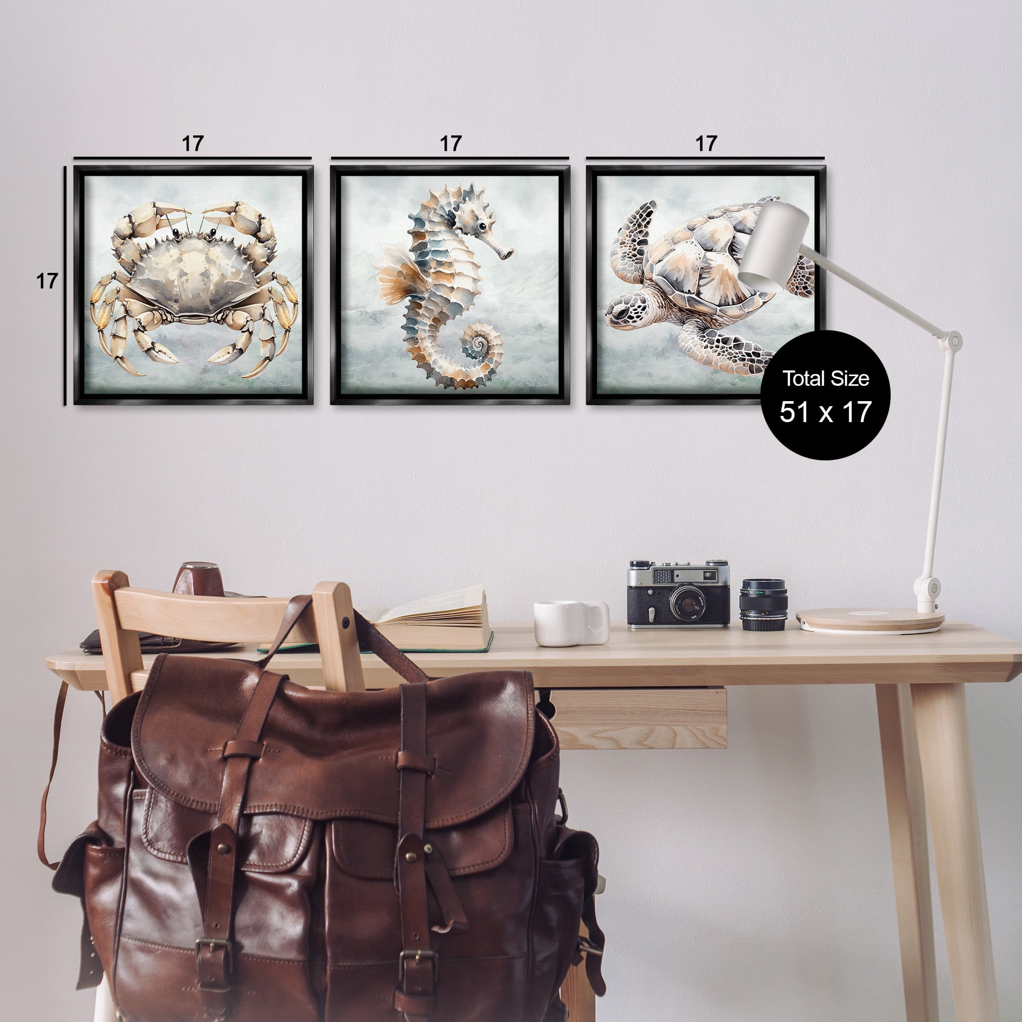 Stupell Industries Traditional Marine Life Animals & Insects Painting Black Floater Framed Canvas Art Print Wall Art, 18 x 18, Set of 3