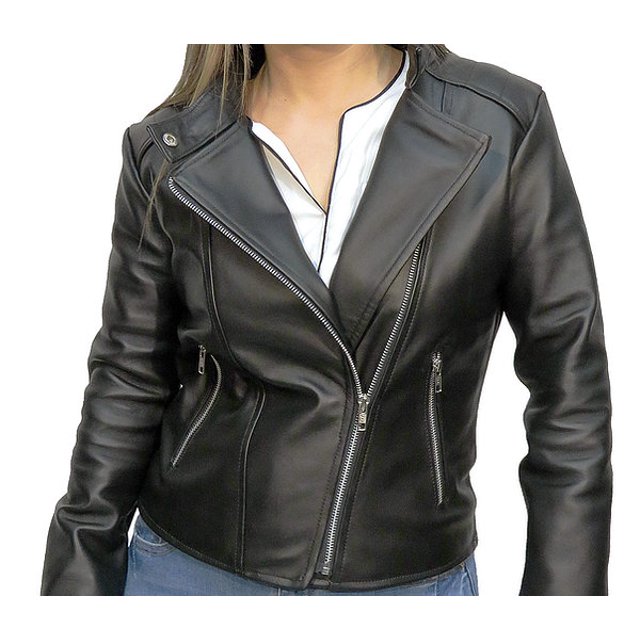 Chamarra de piel color negro estilo cruzado con cierres metálicos para dama Castelli Leather Authentic Denisse Cruzado con cuello de broche