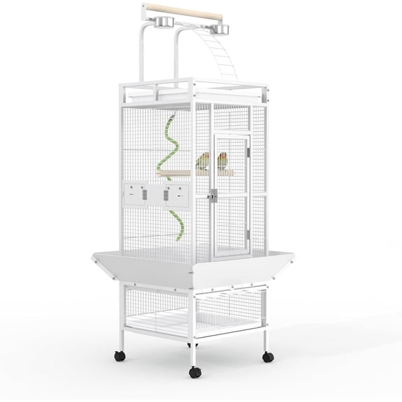 60" Large White Wrought Iron Bird Cage, Indoor Parakeet Cage with Playtop, Bird Rope Perche, Heavy Duty Wrought Iron Bird Cage on Wheels for Parrots, Parakeets, Cockatiels, Conures