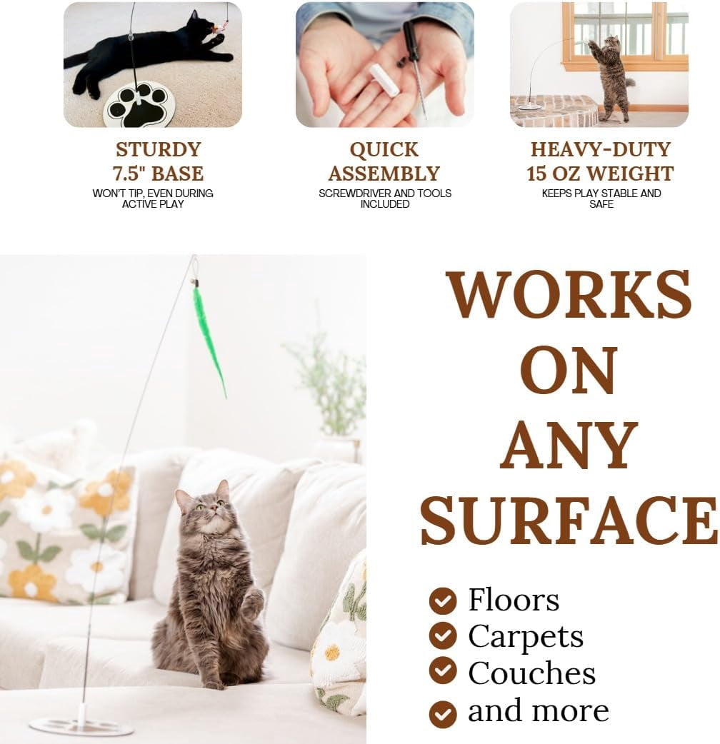 Cat Wand Toy for Indoor Cats - 43 Inch Retractable Fishing Pole Teaser - 9 Feather Attachments - Weighted Round Base - Suction Cup Mount - Bored Adult Feline Hunting Exercise - Kitten Juguetes Set