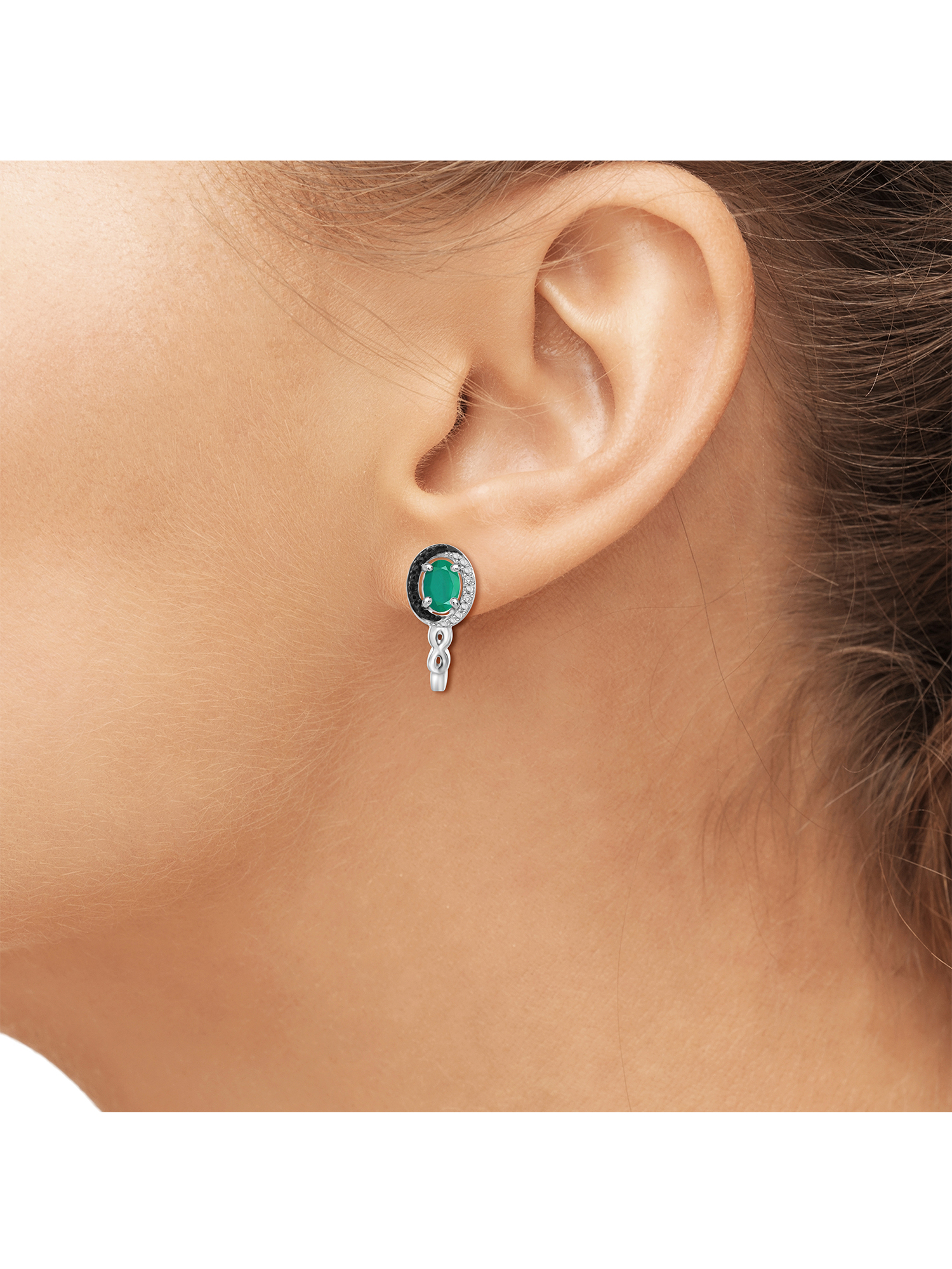 3/4 Carat T.G.W. Emerald And Black & White Diamond Accent Sterling Silver Hoop Earrings - image 2 of 3