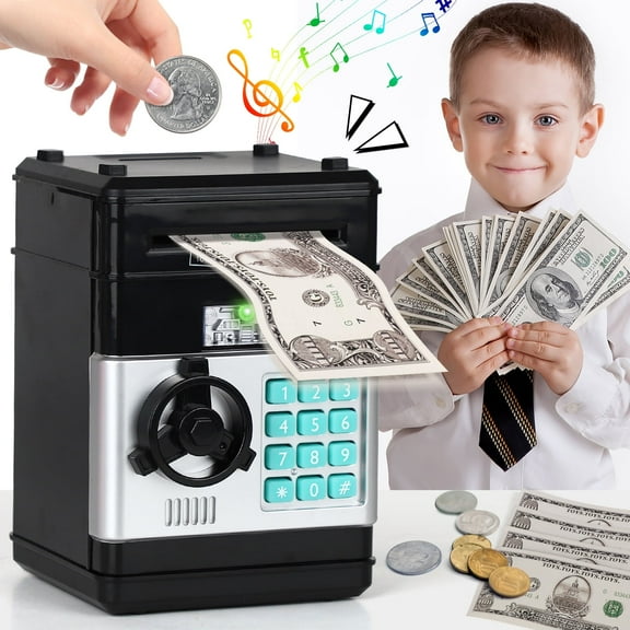 Piggy Bank for Kids Girls Boys, Large Electronic Money Saving Box with Password Protection, Automatic Paper Money Scroll - Black