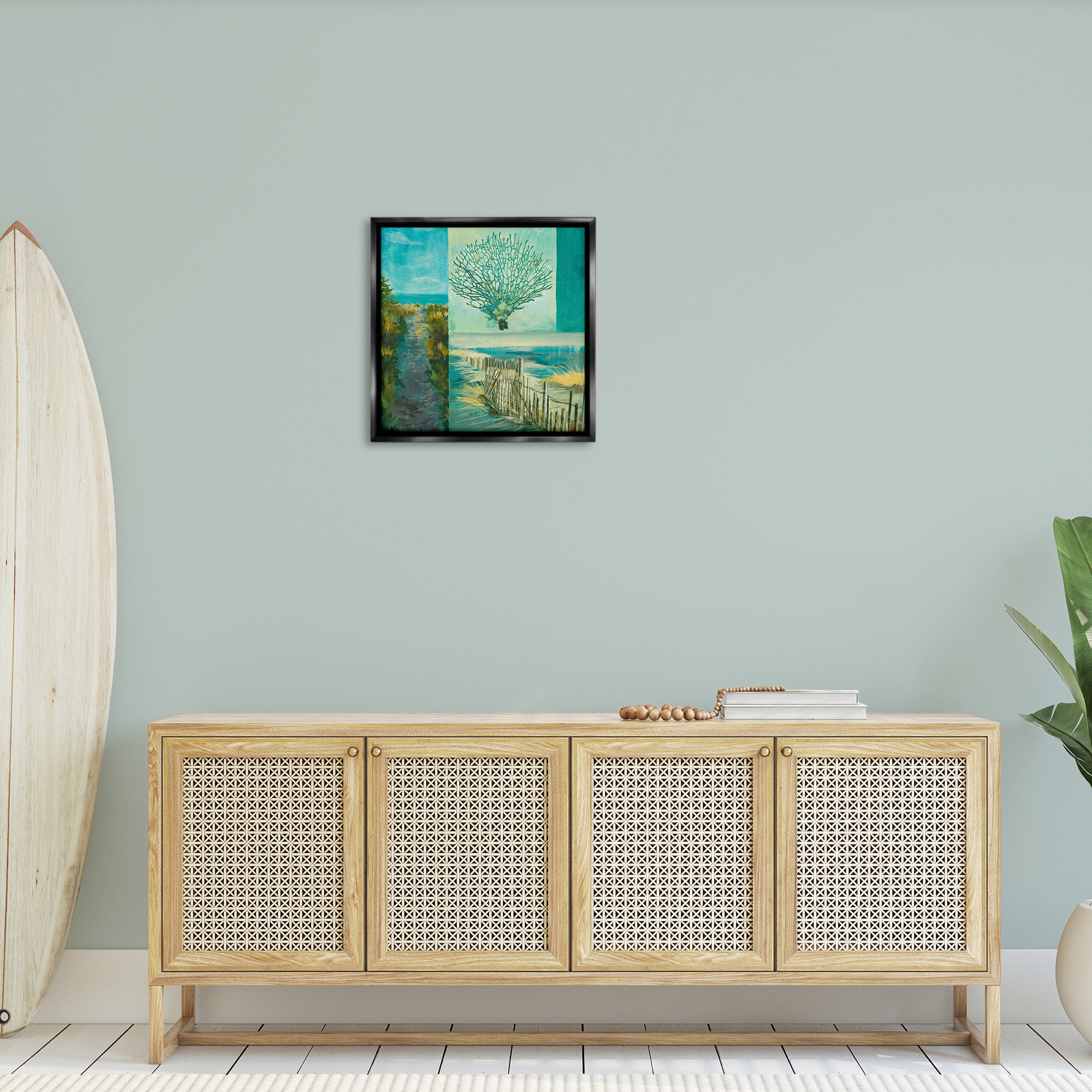 Stupell Industries Modern Beach Coral Collage Landscape Painting Black Floater Framed Canvas Art Print Wall Art, 25 x 25