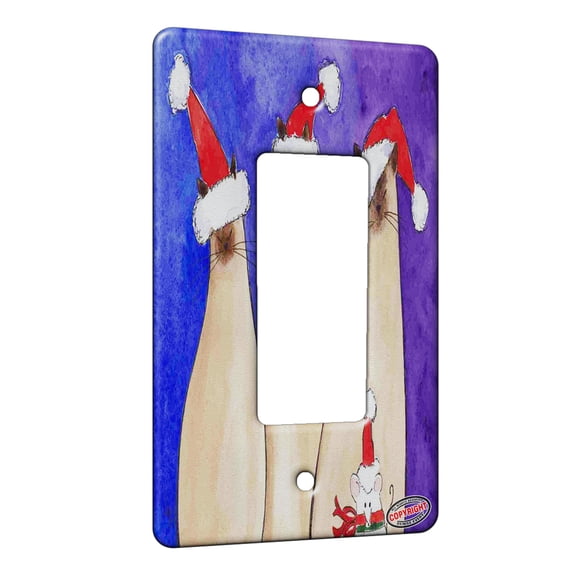 KuzmarK™ 1 Gang Rocker Wall Plate - Siamese Kitties and White Mouse in Santa Hats Christmas Cat Art by Denise Every