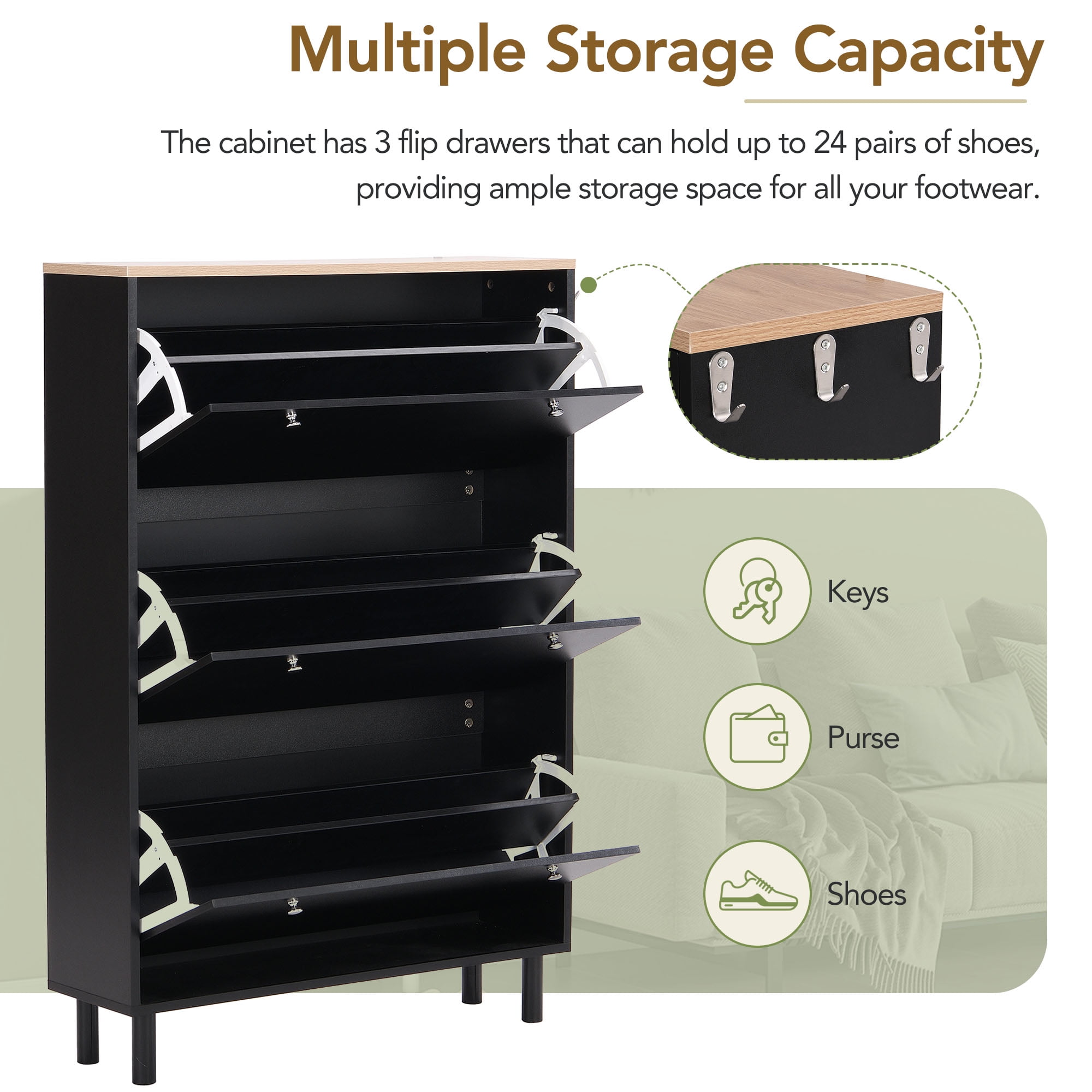Narrow Shoe Cabinet with 3 Flip Drawers Adjustable Entryway Organizer with 3 Hooks, Free Standing Shoe Rack for Hallway