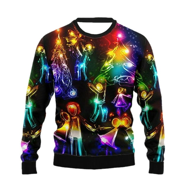 VBARHMQRT Chandail en Molleton Bleu pour Hommes Automne et Hiver Imprimé 3D Noël Pull Rayé Col Rond Père Noël