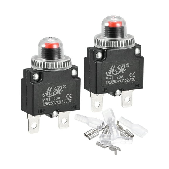 Circuit Overload Protector Kit 20A AC125/250V DC32V Push Button Thermal Circuit Breaker with Waterproof Caps 2 Set