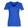 thumbnail image 4 of Women V Neck Ribbed Fitted Tight Tshirt Short Sleeve Shirt Basic Knit Top Blue L, 4 of 5