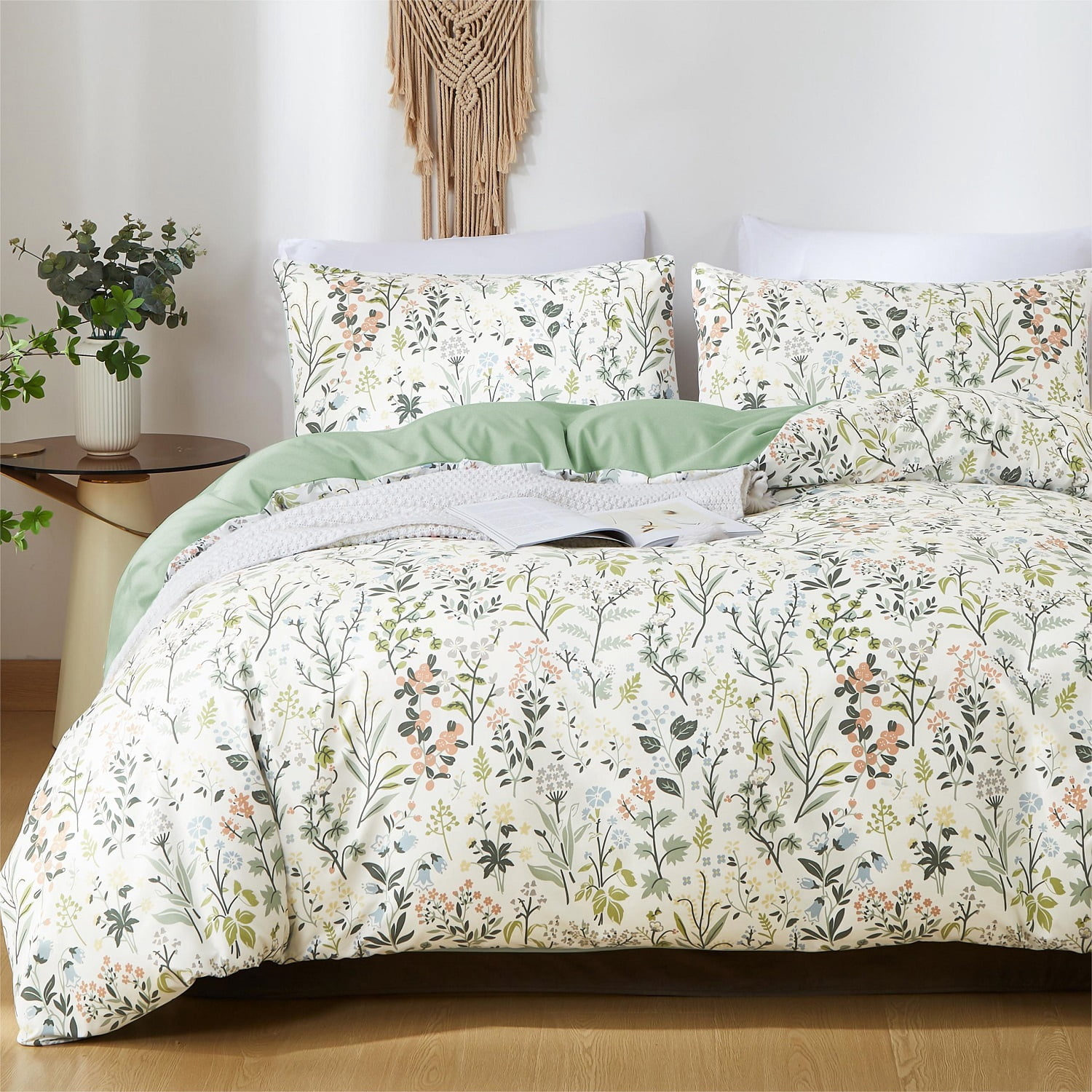 Boho Floral Green Reversible Duvet Cover Green Botanical Bedding Set with Colorful Flower Print Pattern Soft Microfiber Comforter Cover
