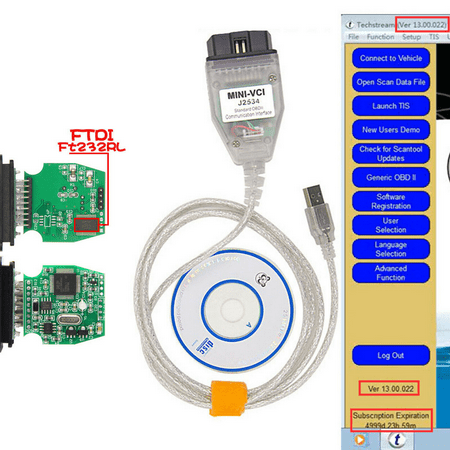 Amerteer Mini VCI J2534 Techstream Diagnostic Cable OBD Scanner for Toyota Lexus Scion TIS V13.00.022 32 Bit w/CD