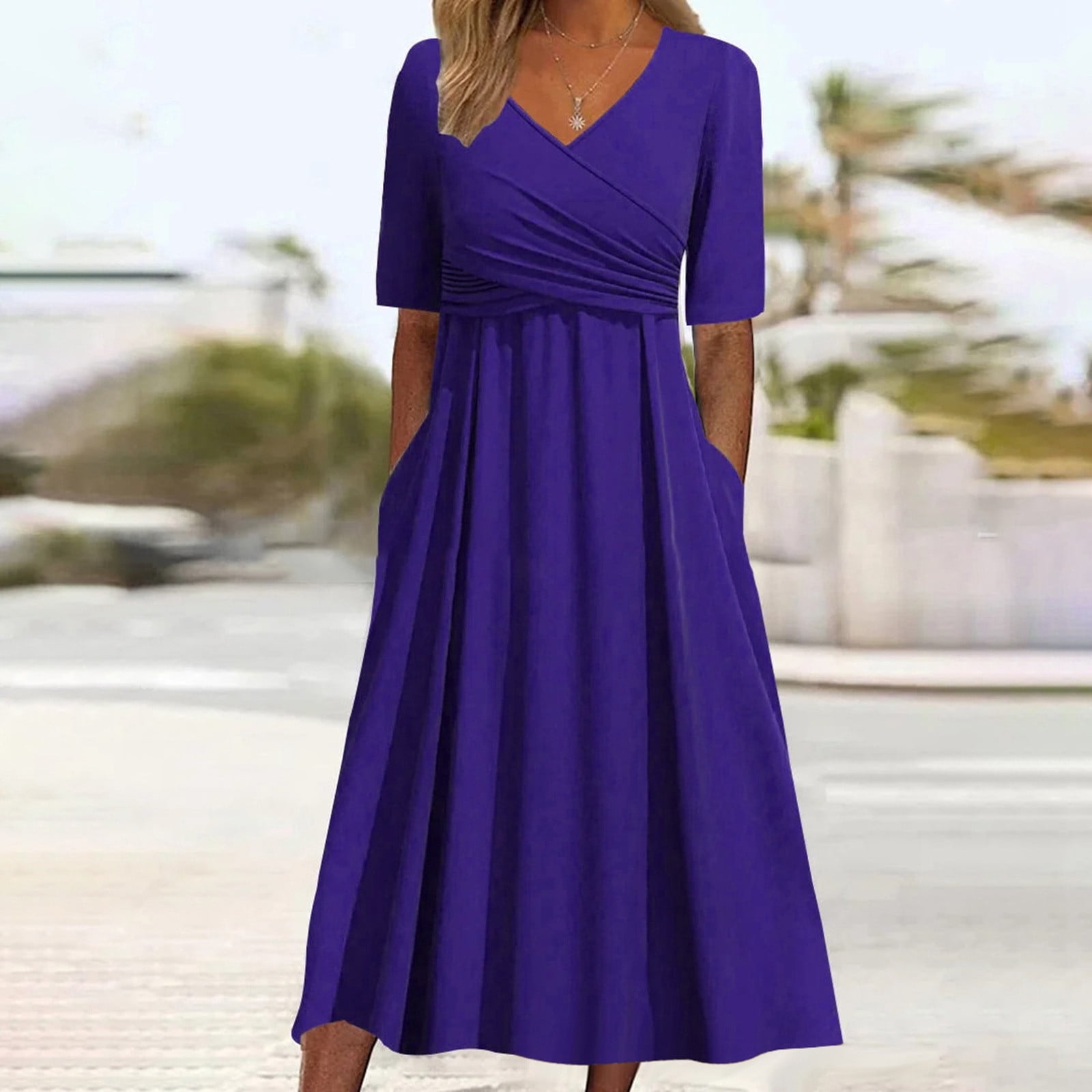 Jamsmile Womens Dress Summer Casual Short Sleeve V Neck Pleated Solid Color Loose Vintage Dresses Beach Long Vacation Sundress