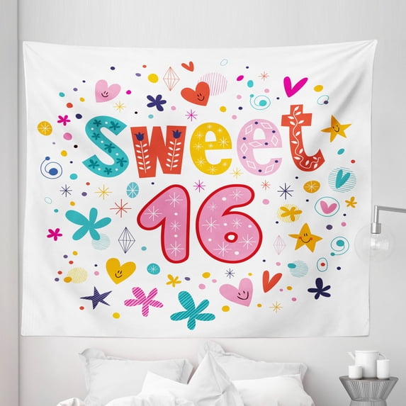 Vintage Tapestry, New Age Years with Heart Dots and Blooms Vintage Style Motif, Fabric Wall Hanging Decor for Bedroom Living Room Dorm, 5 Sizes, Multicolor, by Ambesonne