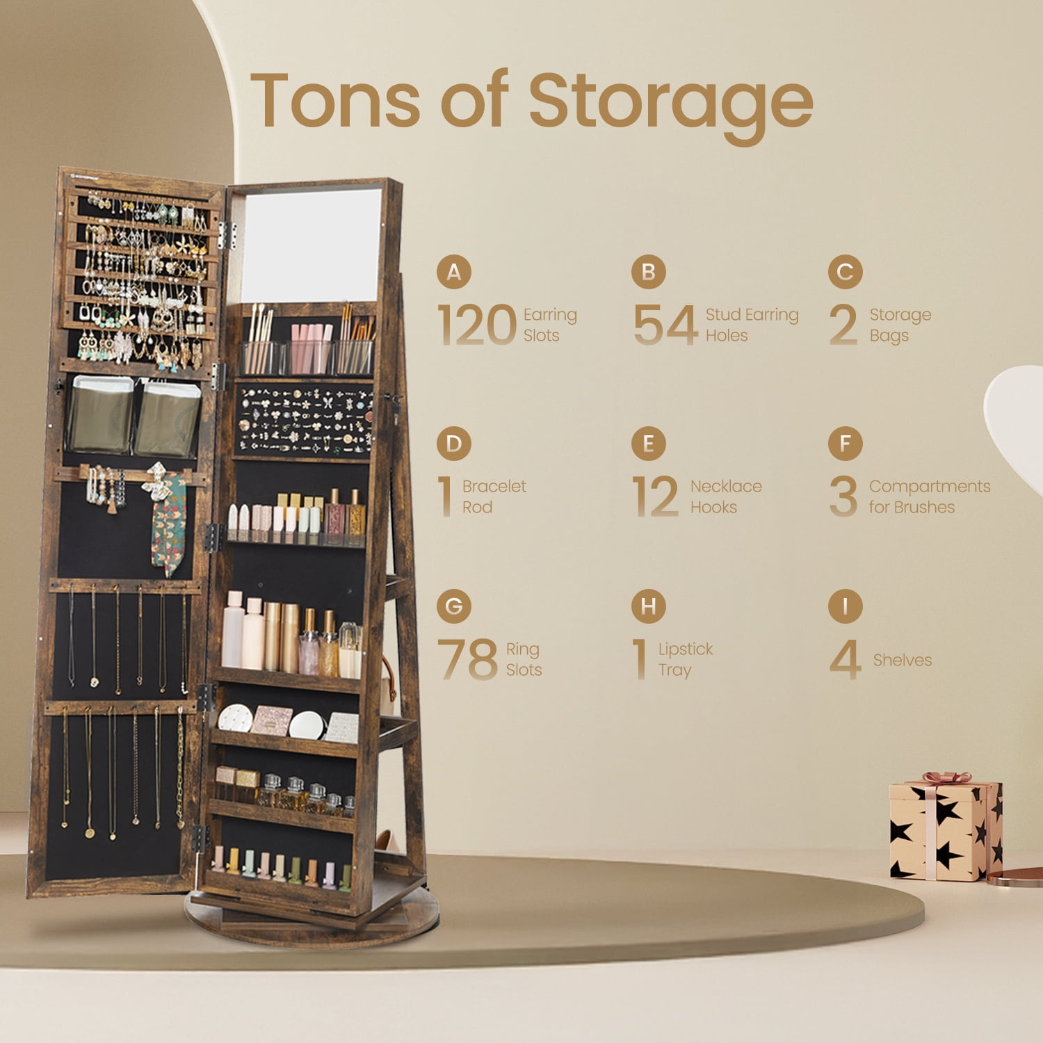 LEDREM 360° Rotable Jewelry Cabinet, Full Length Mirror & Lock, 120 Earring Slots, 12 Necklace Hooks, Storage Shelfs On Back