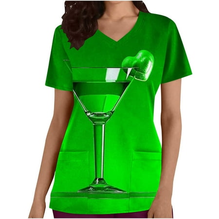 

Deals of the Day!Taqqpue St Patricks Day Scrub Tops Shirts for Women Plus Size Shamrock Clover Print V-Neck Short Sleeve Nursing Working Uniforms Blouse Workout Tops Workwear with Pockets