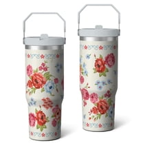 30oz Pioneer Colorful Floral Stainless Steel Flip Straw Tumbler with Lid and Straw Spill Proof Travel Cup Double Wall Vacuum Insulated Coffee Mug with Top Handled White