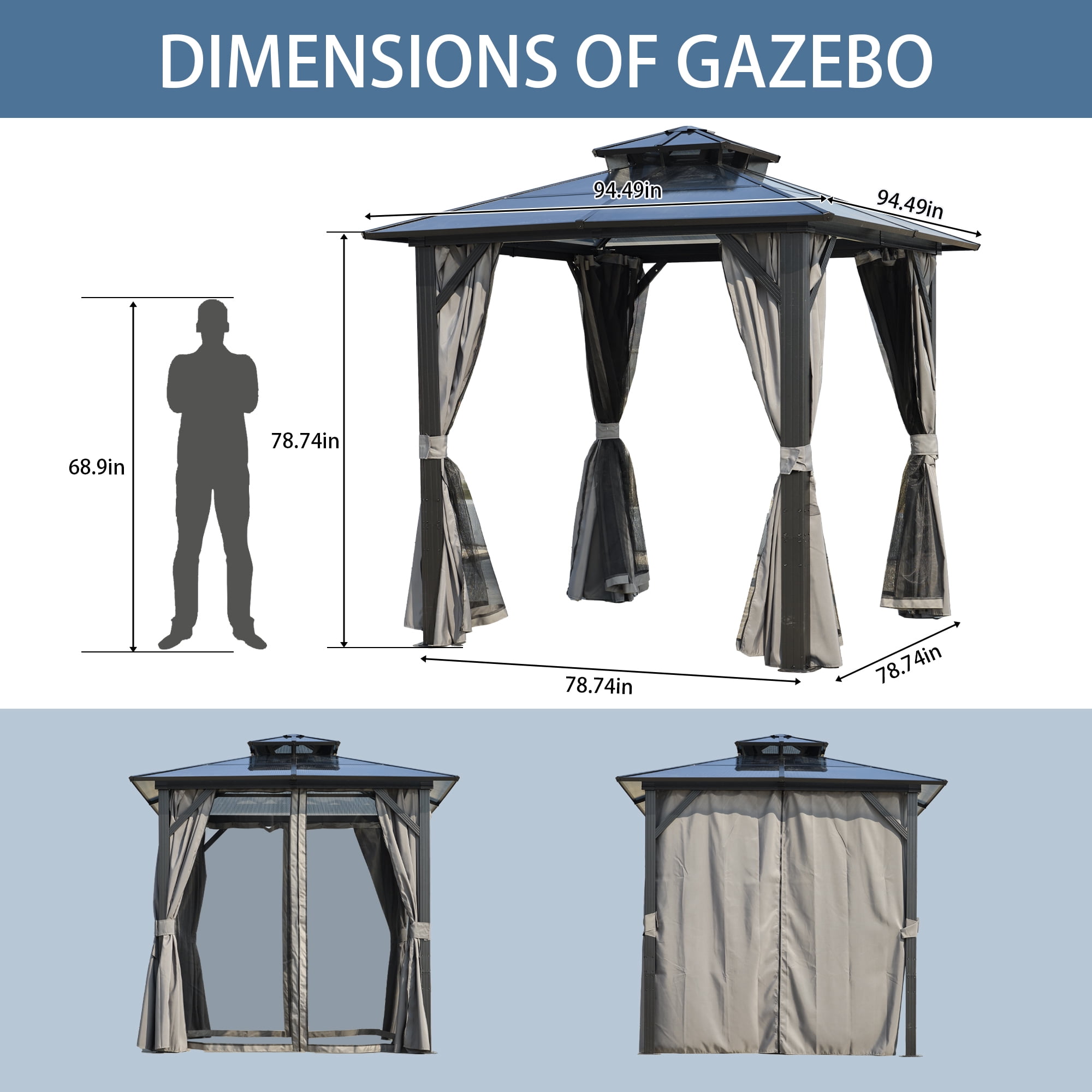 8FT x 8FT Double Roof BBQ Grill Gazebo with Grey Polycarbonate for Outdoor Use