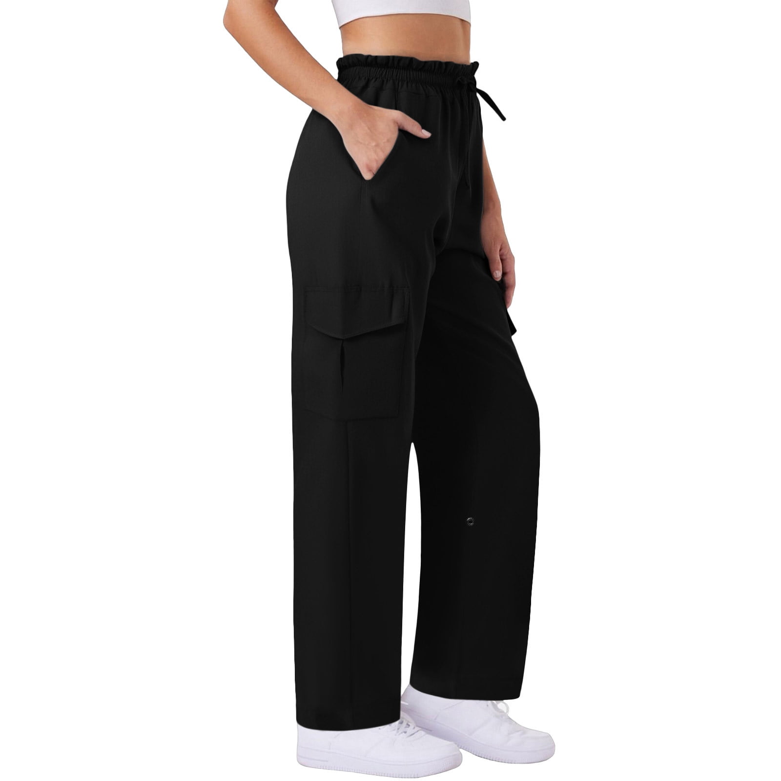 Womens Black Cargo Pants | 100% Polyester, Lightweight, Wrinkle Resistant, Elastic Waist, Multi-Pockets,Size XL - image 3
