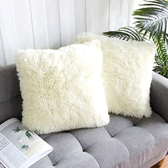 Eryueer 2 Packs Fall Winter Home Decorative Plush Pillow Cover 18"x18", Luxury Super Soft Fluffy Artificial Fur Throw Pillow Case Cushion Cover Double Side Fur for Sofa Bed, Cream 45x45 cm