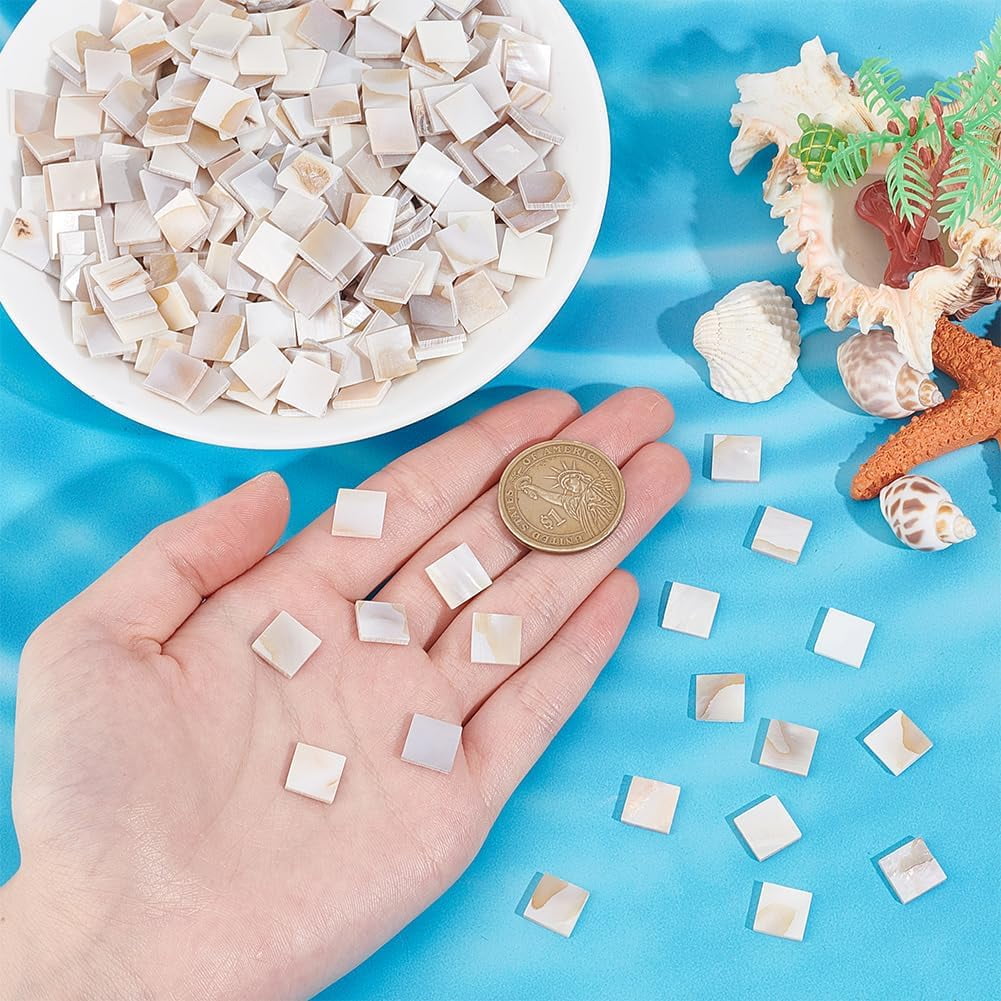500 Pcs Natural Shell Mosaic Tiles 10x10mm Floral White Shell Square Cabochons Mosaic Mother of Pearl Pieces Bulk Shell Mosaic Tiles for DIY Mosaic Art Crafts Home Decorations