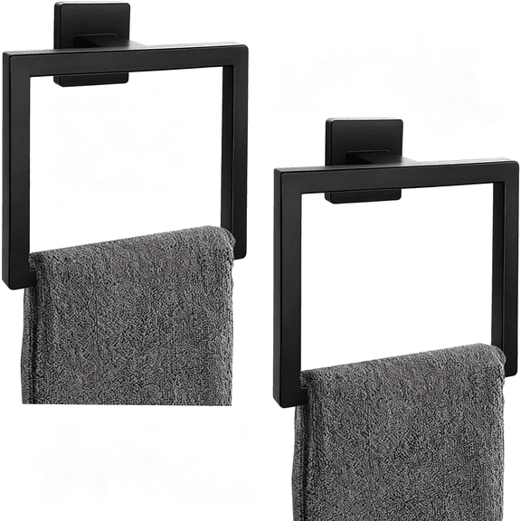 XIBUFE 2-Piece Matte Black Square Towel Ring,Modern Hand Towel Holder for Bathroom,Stainless Steel Towel Hangers Wall-Mounted Bathroom Accessories