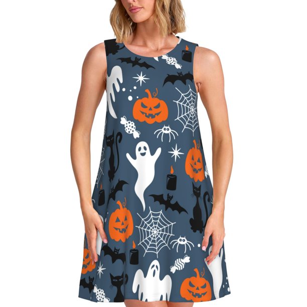 Balery Halloween Vestidos de verano para mujer con estampado: vestido holgado sin mangas, vestido playero informal y cómodo para días calurosos.